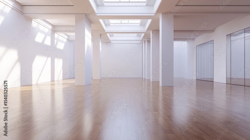 Fototapeta premium A spacious, well-lit interior with wooden flooring and large windows.