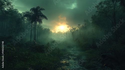 Mystical sunrise over foggy jungle stream.