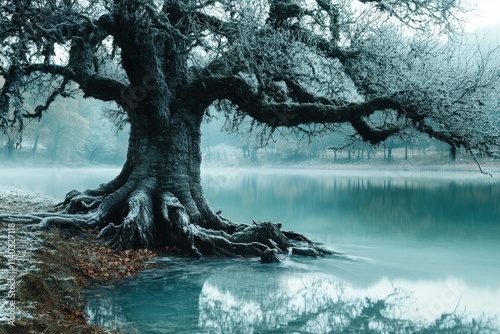 Ancient, snowcovered tree with exposed roots beside a tranquil, misty lake. photo