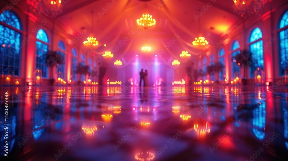 Fototapeta premium A vibrant dance scene in an elegantly lit ballroom with reflections on the floor.