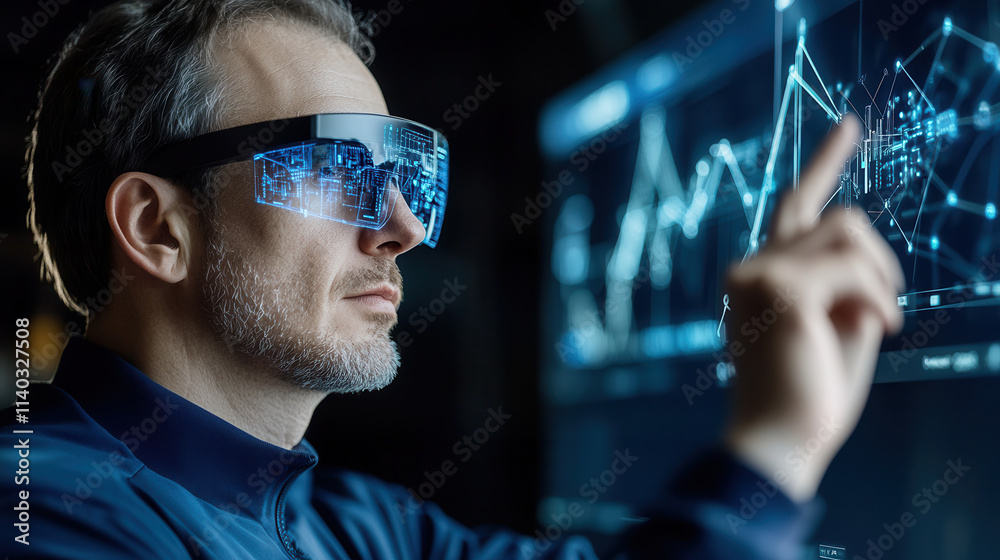professional using augmented reality glasses interacts with futuristic digital interface displaying data and analytics professional using augmented reality glasses interacts with futuristic digital interface displaying data and analytics