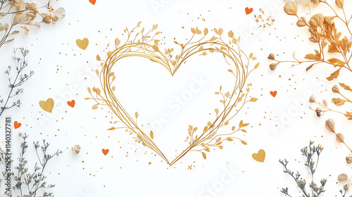 heart-shaped floral design with golden branches, dried flowers, and small hearts on a white background, creating a romantic composition