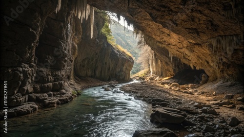 Sunlight illuminates a river winding its way through a large natural cave adorned with stalactites and stalagmites, creating a breathtaking scene of natural beauty and wonder