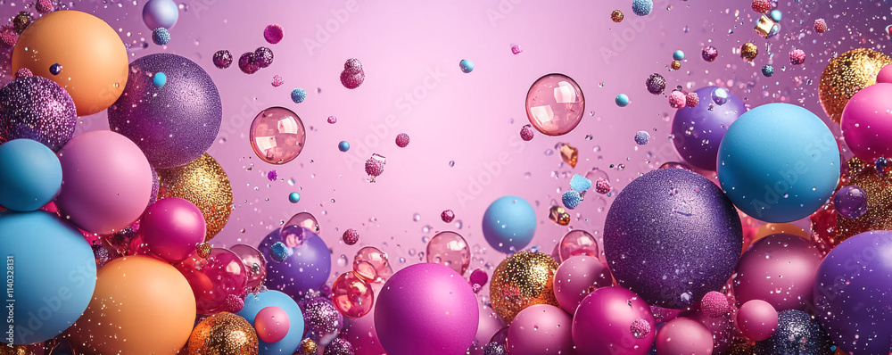 Floating colorful spheres and glitter against a pastel pink background
Floating colorful spheres and glitter against a pastel pink background