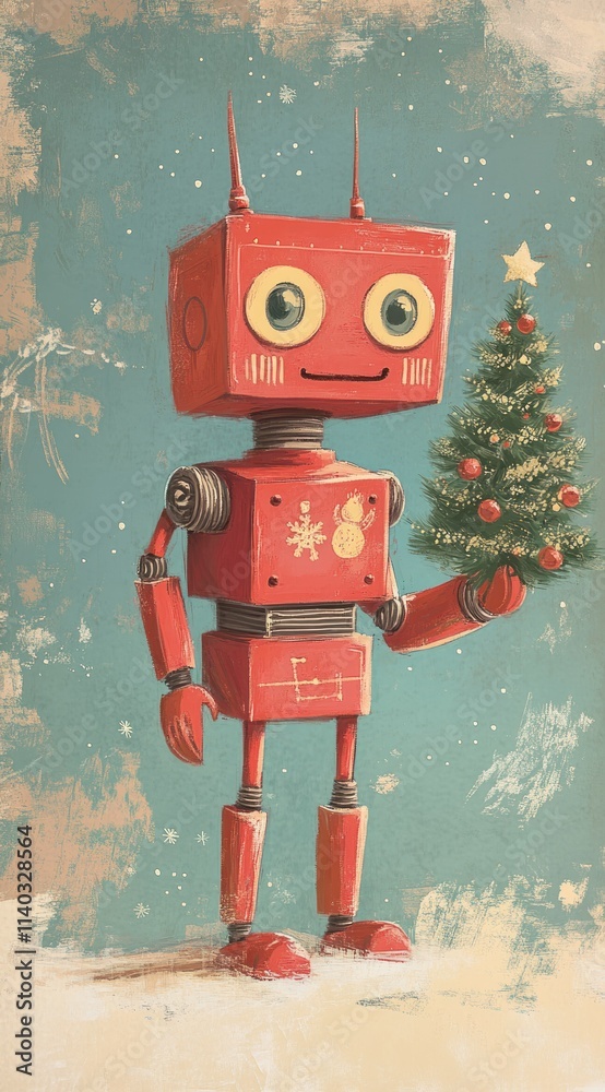 Fototapeta premium Cheerful red robot holding a miniature Christmas tree.