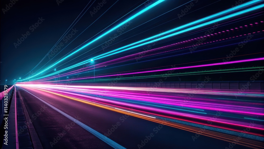Neon futuristic concept, Vibrant light trails on a dark road at night Neon futuristic concept, Vibrant light trails on a dark road at night