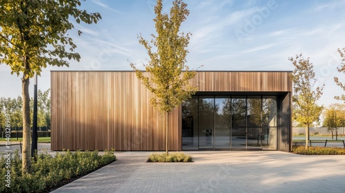 Modern wooden building with large glass windows surrounded by trees and landscaping.