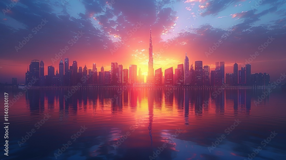 A vibrant sunset over a city skyline reflected in water. A vibrant sunset over a city skyline reflected in water.