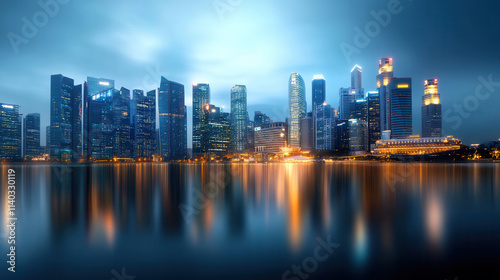 futuristic cityscape with illuminated skyscrapers reflecting on calm water at night