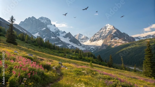 Birds flying over colorful meadows and lush forests in mount assiniboine provincial park, showcasing majestic snow capped peaks and glistening glaciers under the summer sun photo