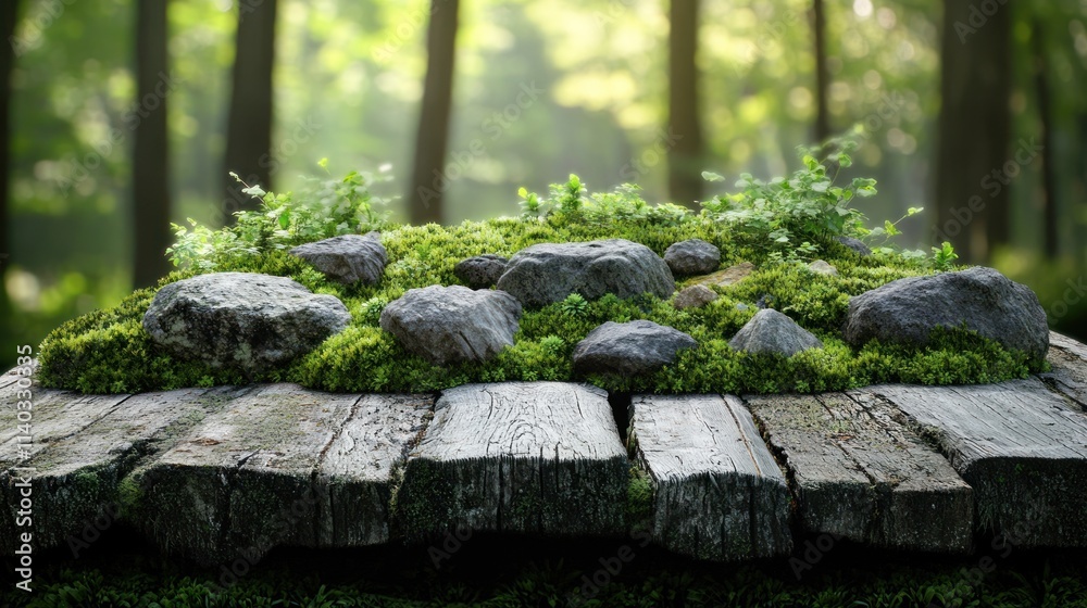 A serene wooden platform with moss and rocks, set in a lush forest environment. A serene wooden platform with moss and rocks, set in a lush forest environment.