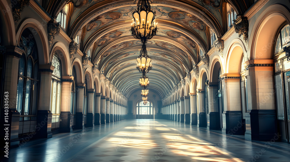 A Masterfully Crafted Baroque-Style Train Station Featuring Exquisite Arches, Dramatic Frescoes, and Luxurious Chandeliers for an Opulent Experience A Masterfully Crafted Baroque-Style Train Station Featuring Exquisite Arches, Dramatic Frescoes, and Luxurious Chandeliers for an Opulent Experience