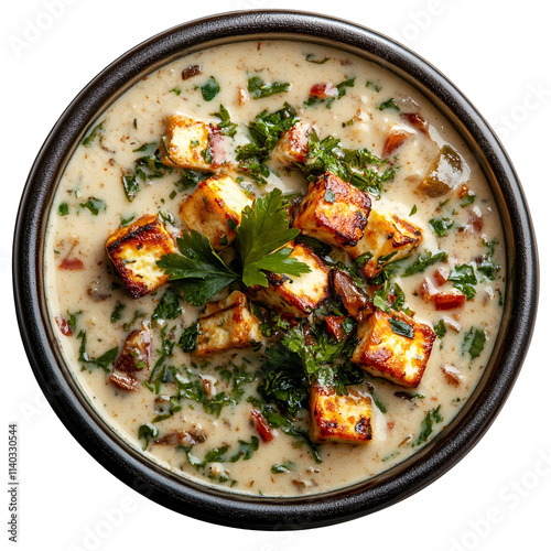 Top view of an extremely perfect looking Paneer Shorba in a dark ceramic bowl isolated on a white transparent background photo