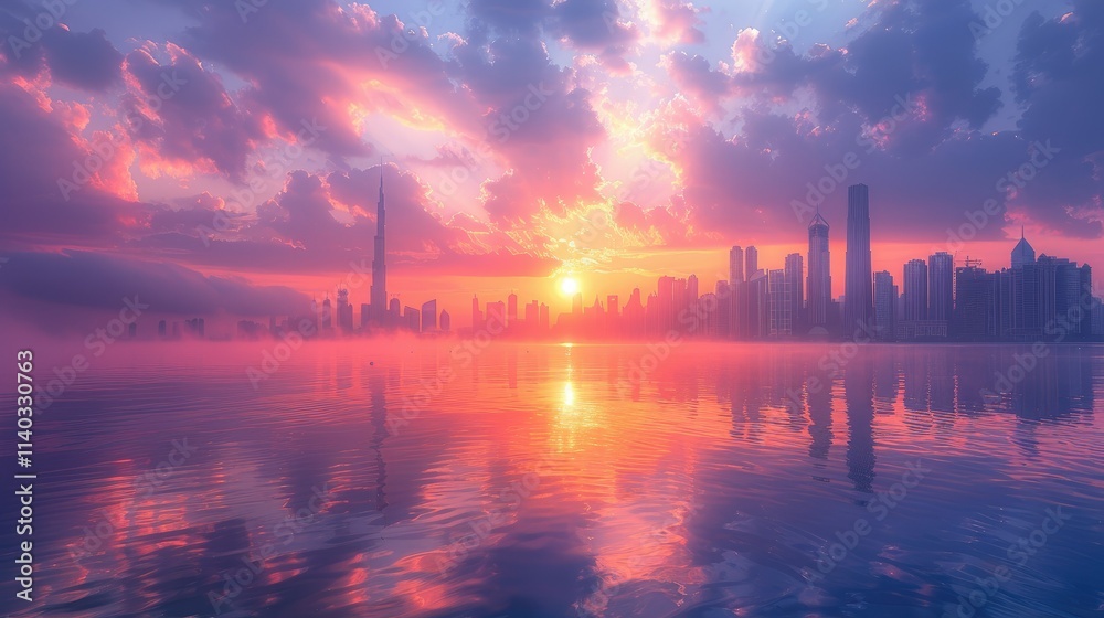Fototapeta premium A vibrant sunset over a city skyline reflecting on water, creating a serene atmosphere.