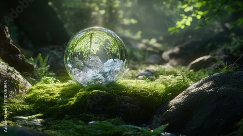 Clear orb reflects forest, river sits on moss near rocks.