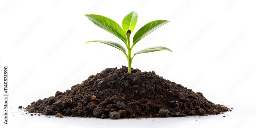 Small green plant in a mound of soil on a white background Small green plant in a mound of soil on a white background