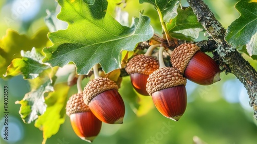 several acorns hanging from the branches of an oak tree  