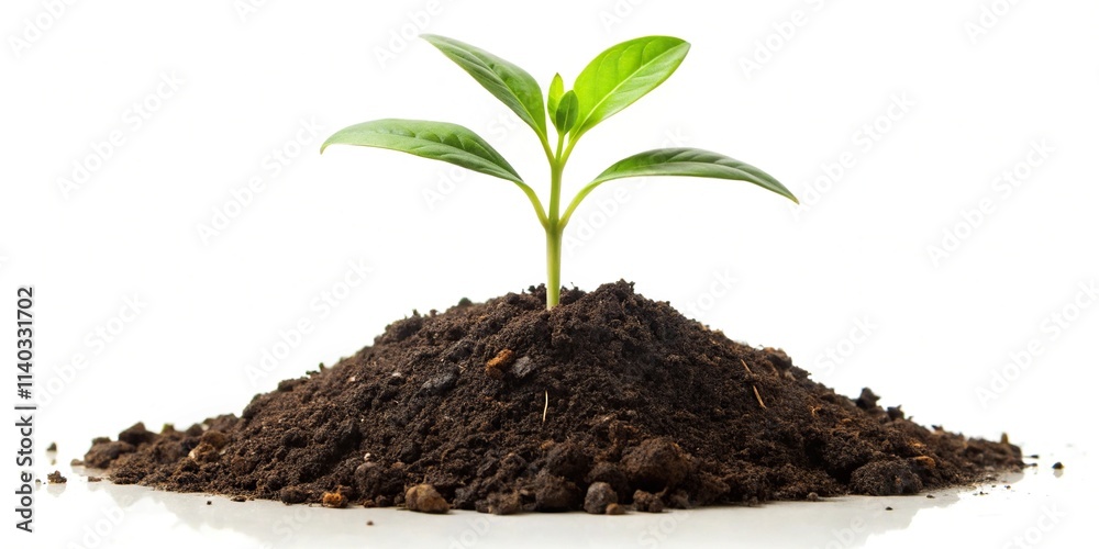 Small green plant in soil mound on white background Small green plant in soil mound on white background