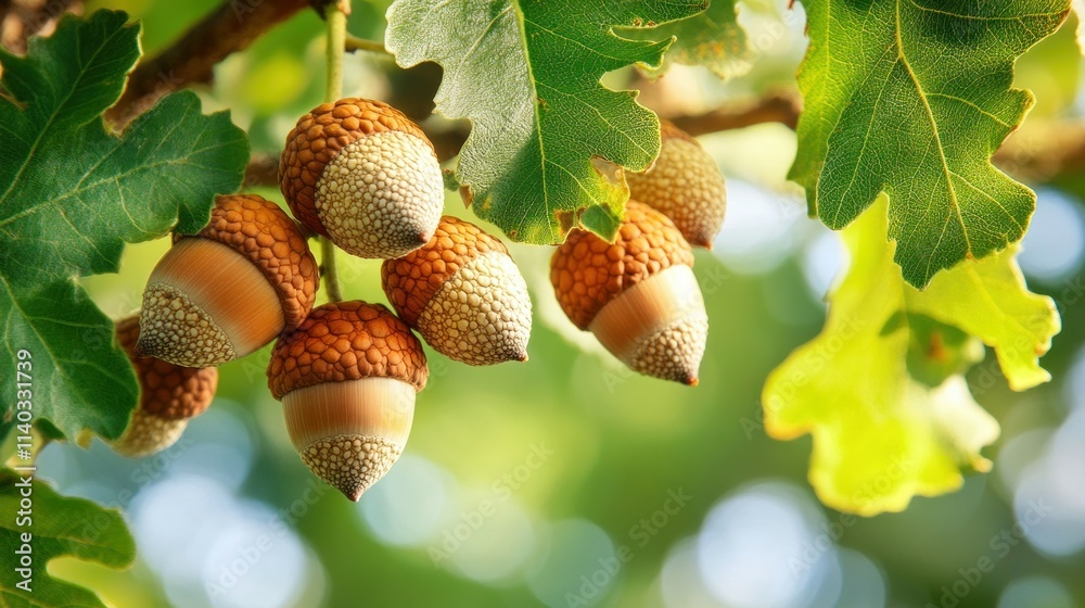 several acorns hanging from the branches of an oak tree several acorns hanging from the branches of an oak tree