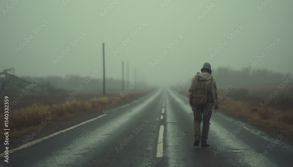 Lone survivor walking along a foggy, deserted highway with misty fields and utility poles Lone survivor walking along a foggy, deserted highway with misty fields and utility poles