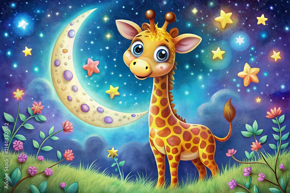 Fototapeta premium Cute Giraffe Coloring Pages: Nighttime Cartoon Animal Illustrations for Kids