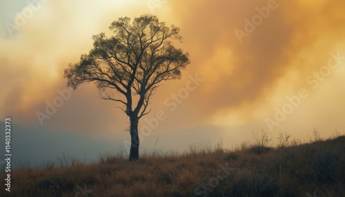 Wallpaper Mural Half burned tree standing on a hill during sunset with smoke billowing from an expansive wildfire Torontodigital.ca