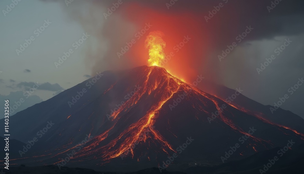Fototapeta premium Active volcano erupting with lava flowing down its sides and ash cloud rising