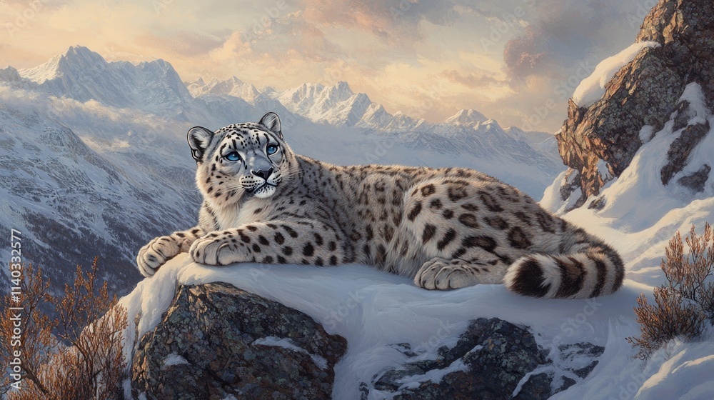 Fototapeta premium A snow leopard rests on a rocky outcrop amidst a snowy mountain landscape.