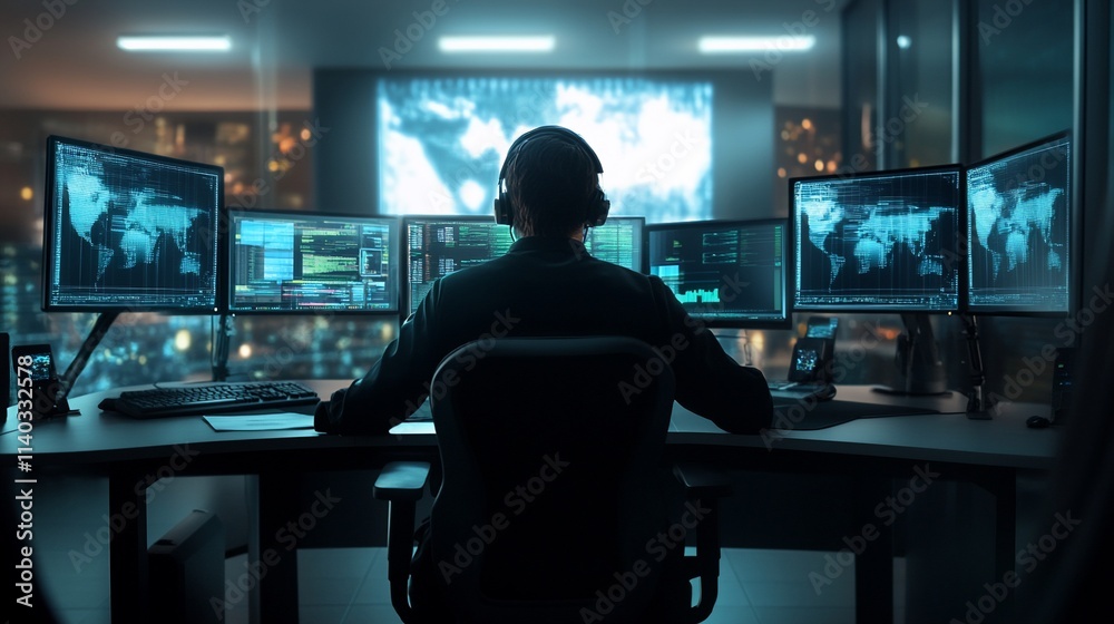 A person monitoring multiple screens in a high-tech control room. A person monitoring multiple screens in a high-tech control room.