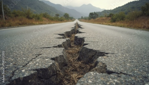 Torn-up road with deep cracks forming after a powerful earthquake, splitting the earth photo