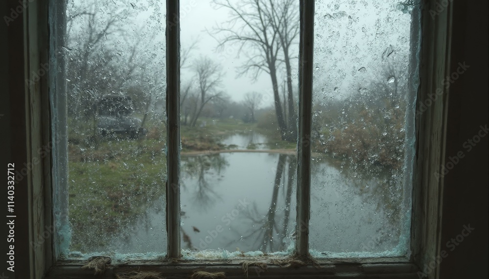 Broken window reflecting the aftermath of a hurricane with water pooling inside Broken window reflecting the aftermath of a hurricane with water pooling inside
