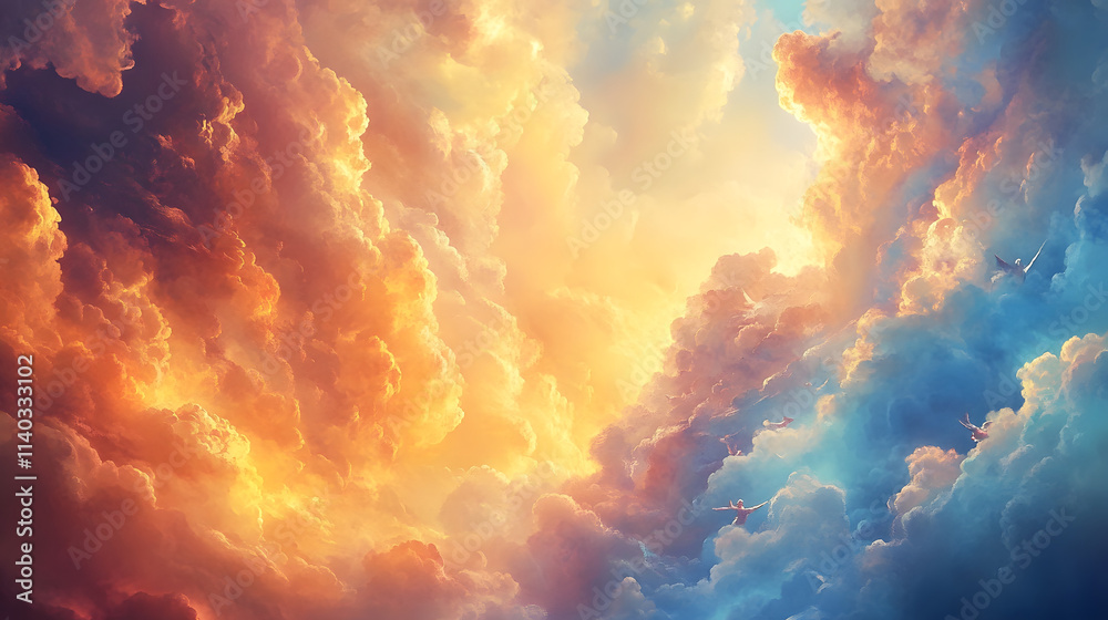 Fototapeta premium Extravagant Baroque-Inspired Ceiling Fresco Featuring Dramatic Clouds and Playful Cherubs in Rich Vibrant Colors