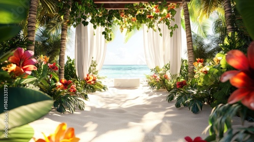 A serene beach setting with flowers, palm trees, and a tranquil view of the ocean.