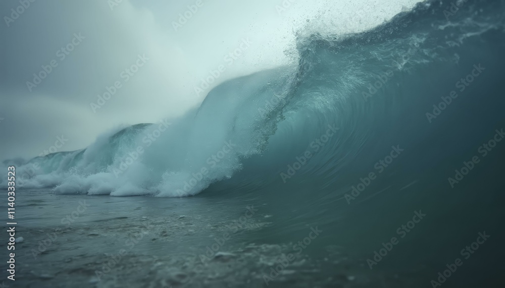 Massive ocean wave cresting and crashing on sandy shore with frothy white crest Massive ocean wave cresting and crashing on sandy shore with frothy white crest