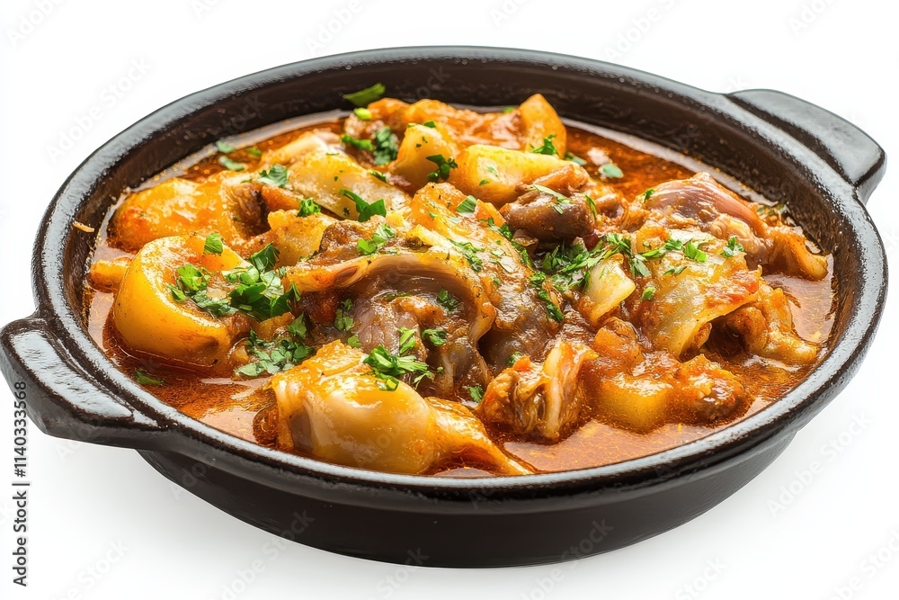 Madrilenian tripe stew Callos a la madrilena on a white background Madrilenian tripe stew Callos a la madrilena on a white background