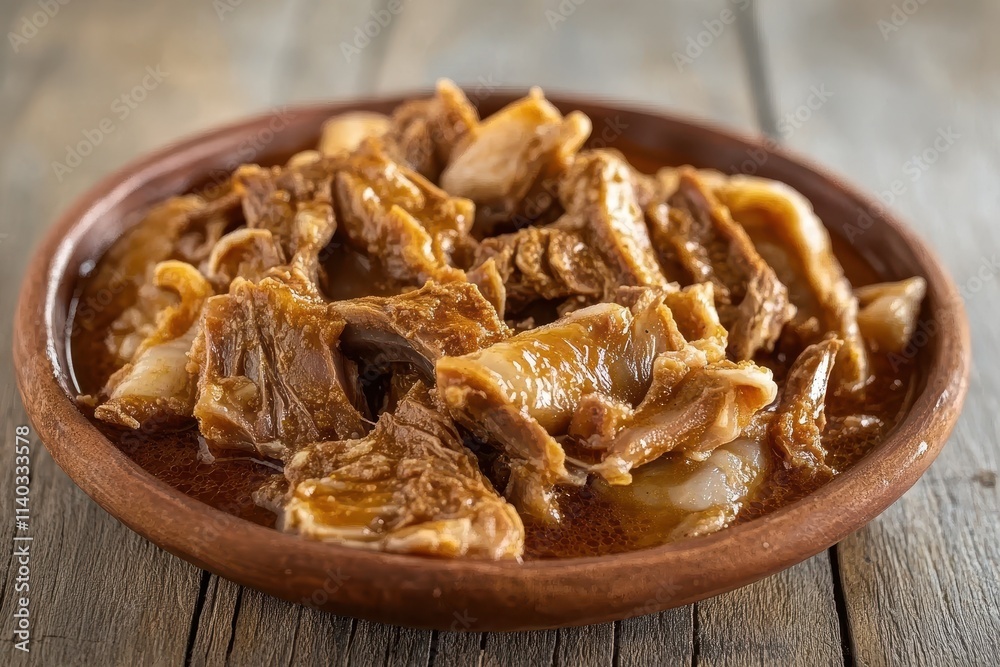 Madrid style tripe served on a rustic wooden plate Callos a la Madrileña a traditional Spanish meal Madrid style tripe served on a rustic wooden plate Callos a la Madrileña a traditional Spanish meal