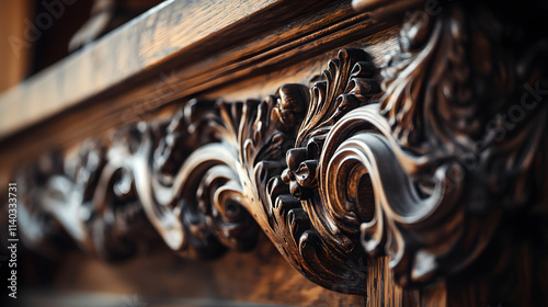 Exquisite Representation of Baroque Wood Texture Featuring Elaborate Carvings and a Beautifully Polished Mahogany Finish