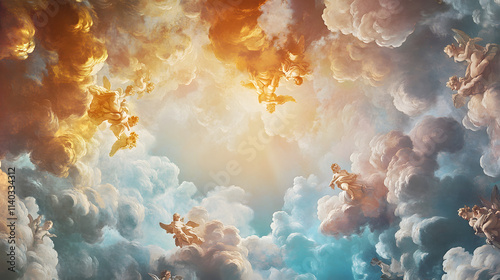 Stunning Baroque Ceiling Fresco Featuring Tumultuous Clouds and Whimsical Cherubs in Dramatic Color Palette