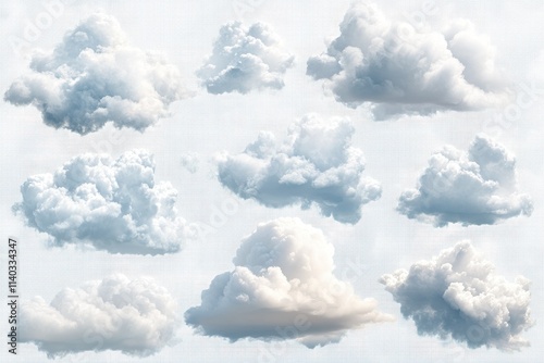 Collection of fluffy cumulus clouds on a textured background.