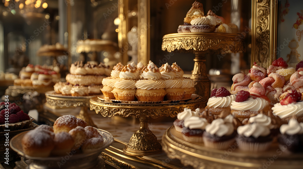Extravagant Baroque Bakery Display Featuring Artistic Pastries and Ornate Backdrops with Essence of Culinary Excellence