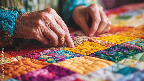 A retired woman learning to quilt, working on a colorful patchwork design