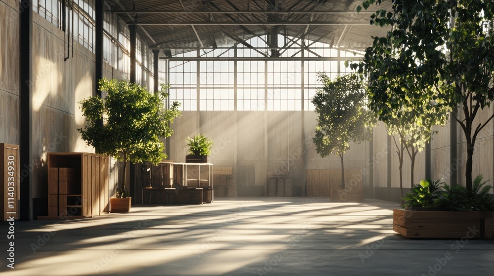 A spacious industrial interior featuring plants and natural light. A spacious industrial interior featuring plants and natural light.