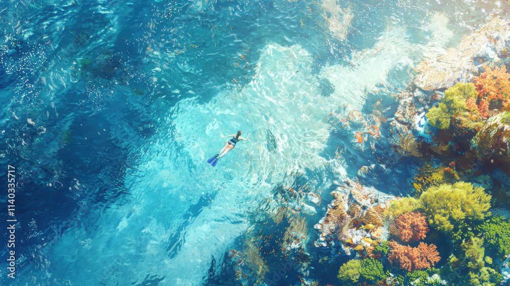 Obraz premium Traveler snorkeling in crystal clear waters coral reefs underwater adventure tropical paradise aerial view marine life exploration