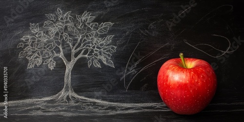 Blackboard featuring a red apple alongside a drawing of a tree, creating an educational atmosphere perfect for showcasing themes of learning and nature. The blackboard enhances the visual appeal. photo