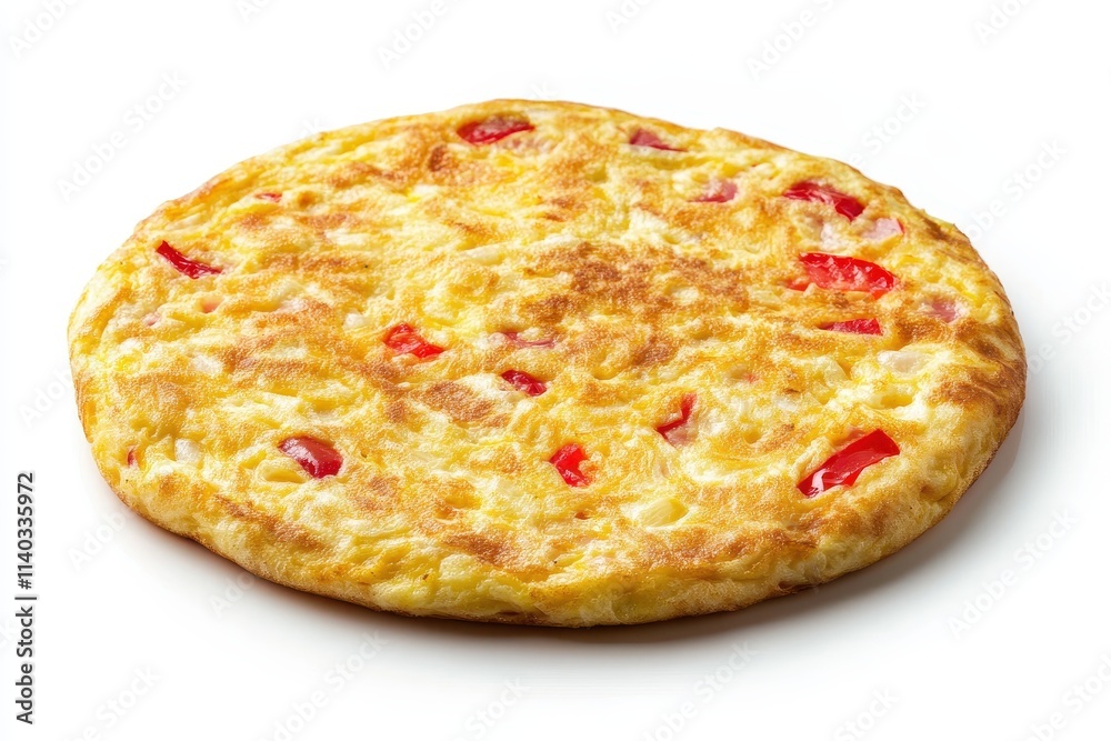 Omelette with corn onion and red bell pepper against a white backdrop softly toned and selectively focused Omelette with corn onion and red bell pepper against a white backdrop softly toned and selectively focused