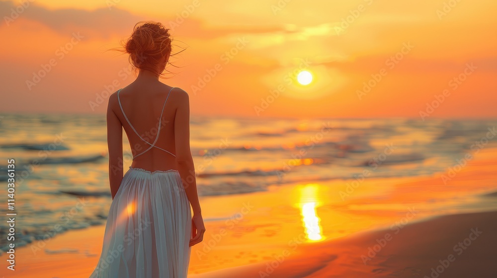 A woman in a flowing dress stands on the beach at sunset, gazing at the horizon. A woman in a flowing dress stands on the beach at sunset, gazing at the horizon.