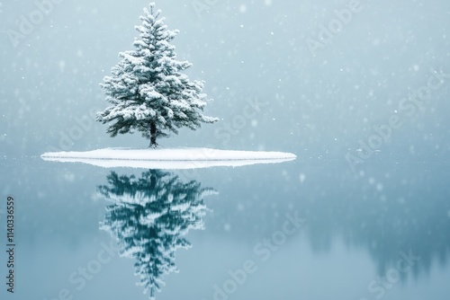 A snowcovered evergreen tree stands alone on a small island in a serene, snowfilled lake, its reflection mirroring the beauty. photo