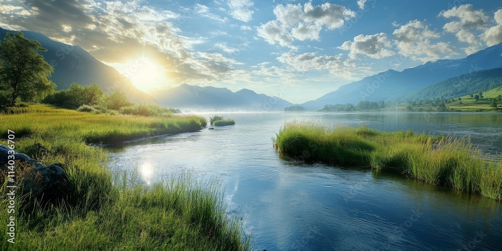 Fototapeta premium A river serves as a natural flowing watercourse, typically composed of freshwater, directing its flow towards an ocean, sea, lake, or another river, highlighting the significance of rivers in nature.