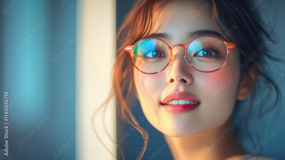 Portrait of a young woman of Asian appearance in stylish and bright glasses. Young woman of model appearance in photochromic glasses. Portrait of a young woman of Asian appearance in stylish and bright glasses. Young woman of model appearance in photochromic glasses.