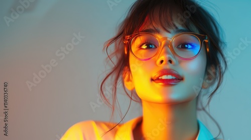 Portrait of a young woman of Asian appearance in stylish and bright glasses. Young woman of model appearance in photochromic glasses. photo